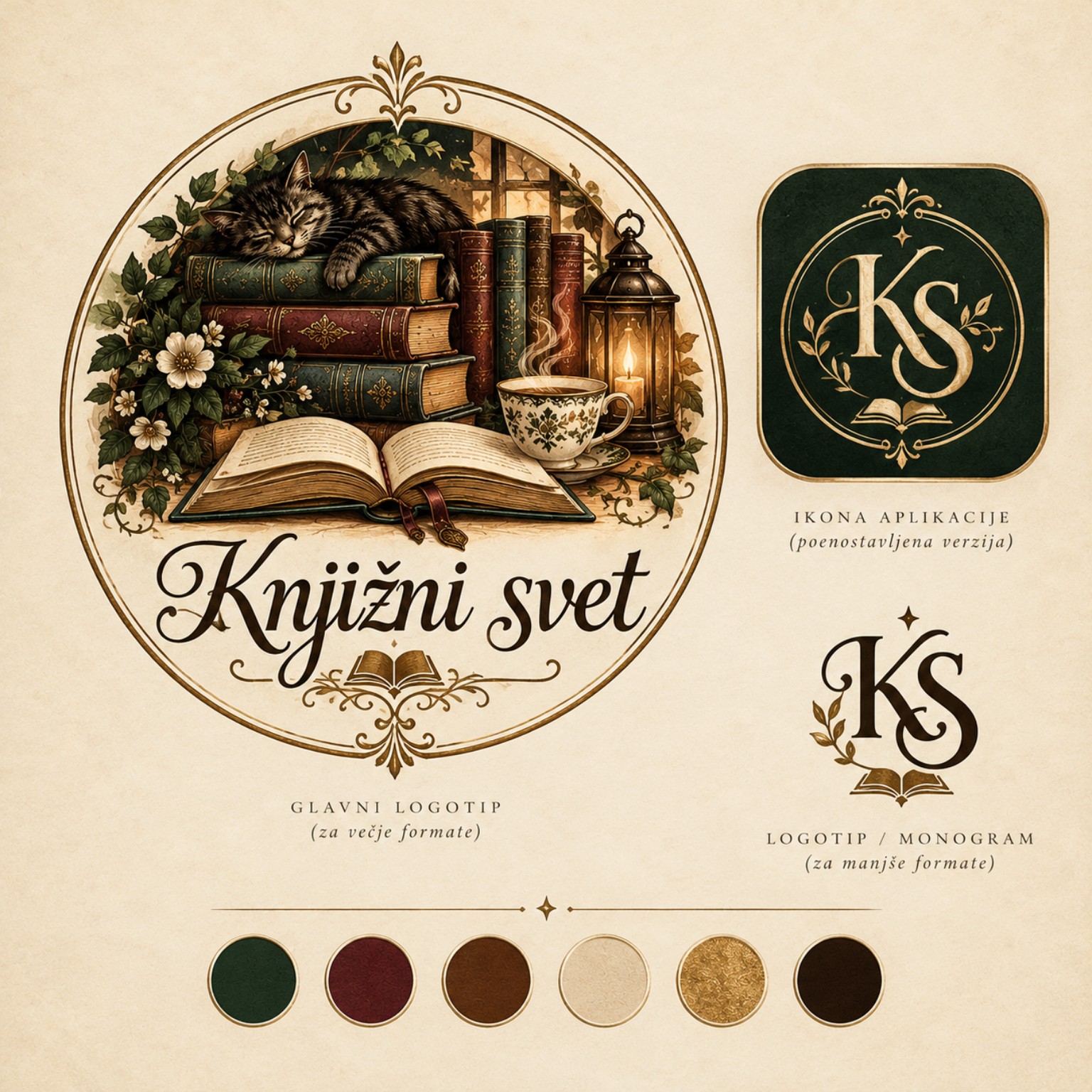 Viktorjanska ilustracija Knjižnega sveta: speča mačka na starih knjigah, odprta knjiga, skodelica čaja in svetilka.